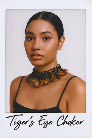 New Products - model wearing Tiger's Eye Choker