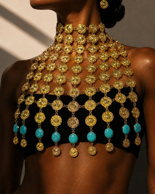 Turquoise Coin Chest Plate – handmade bra & top crystal jewelry by Laurel Street Shop